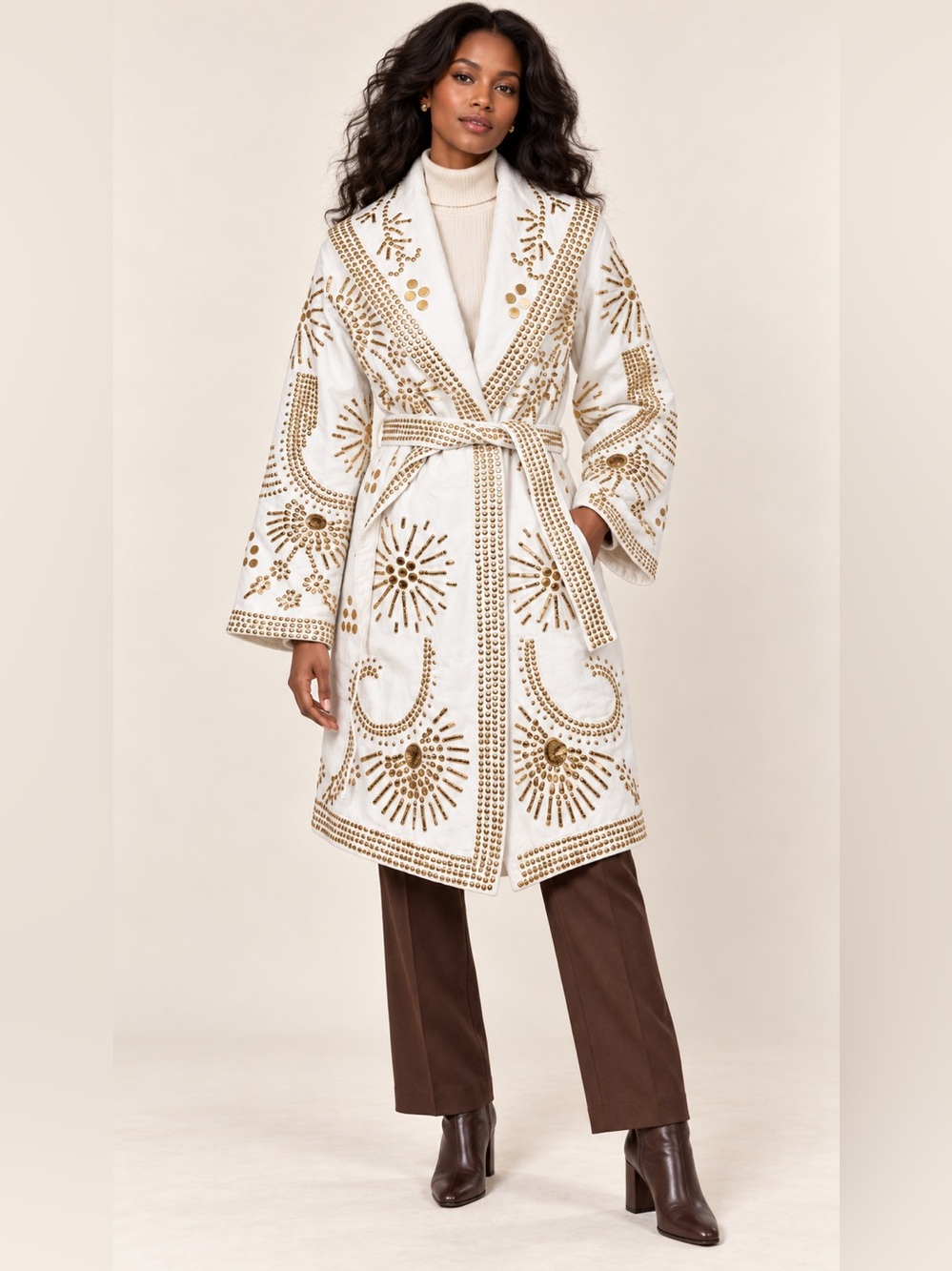 Embroidered White Trench Coat with Gold Stud Details
